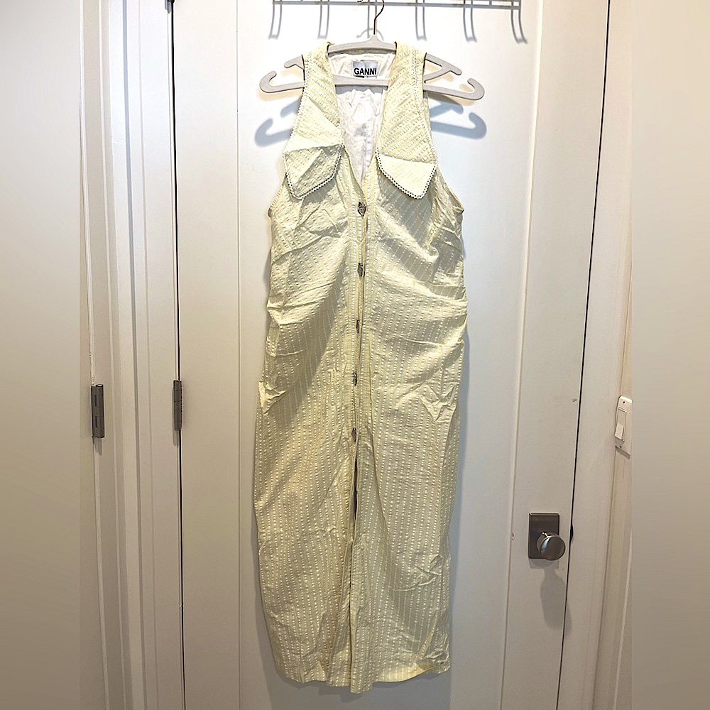 Ganni Pale Yellow Textured Zip-Front Midi Dress